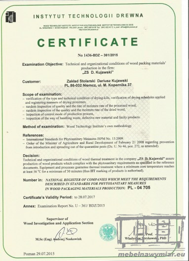Posiadamy również certyfikat instytutu technologi drewna - mebelnawymiar.eu
