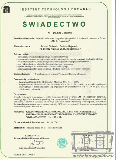 Posiadamy również certyfikat instytutu technologi drewna wraz z suszarnią - mebelnawymiar.eu